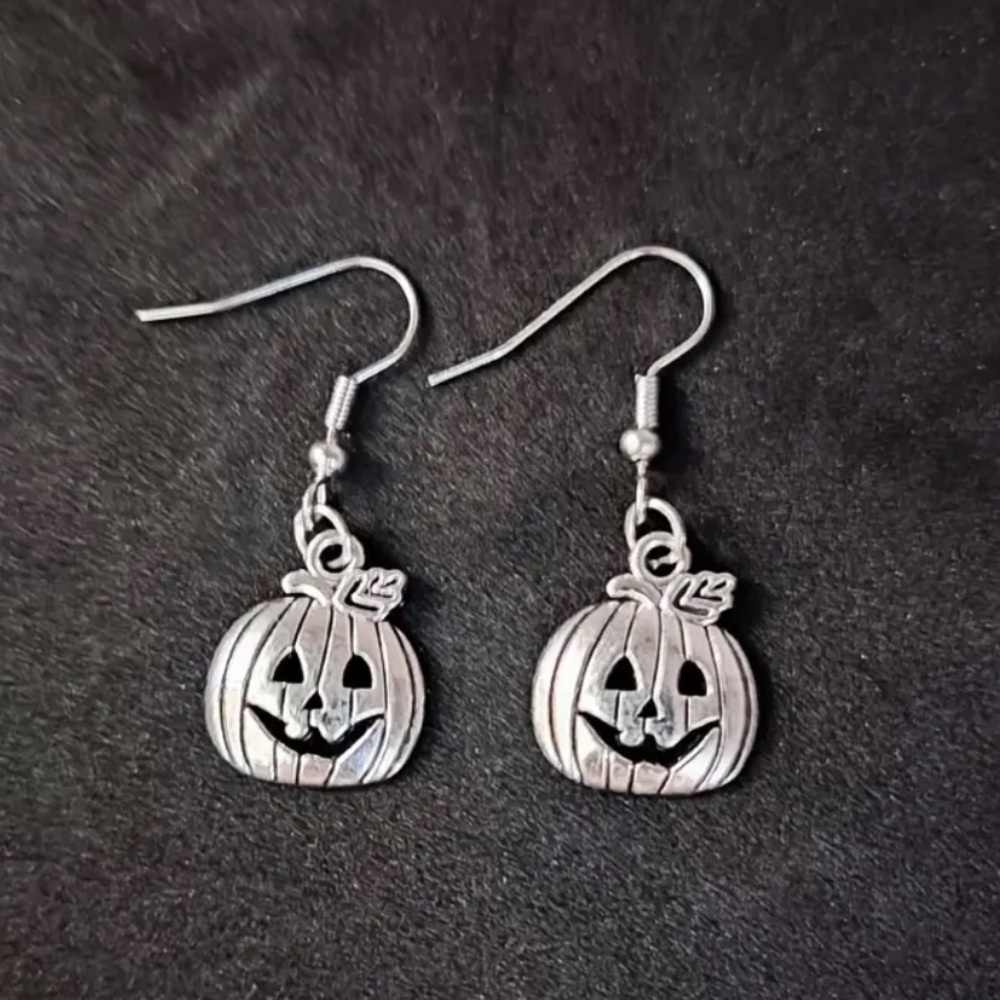 Silver Alloy Jack O’Lantern Pumpkin Fishhook Earrings